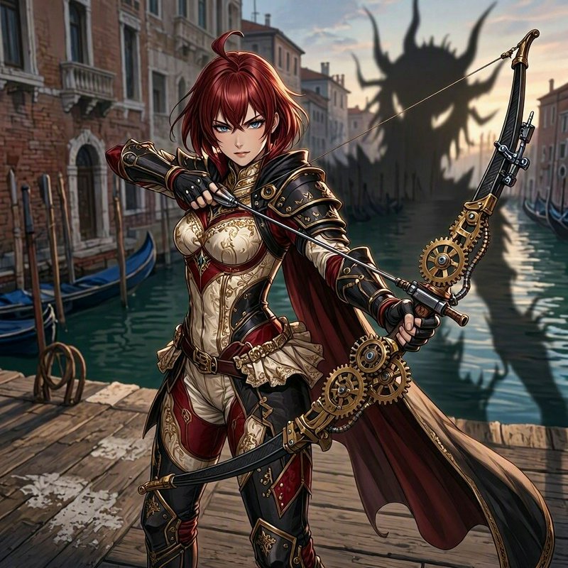 Anime steampunk female archer aims a gear crossbow, as a giant horned sea monster looms over a Ve...