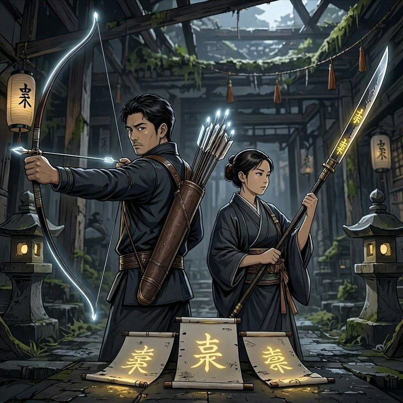 Anime warrior duo: male archer draws glowing bow, female samurai holds naginata in a ruined mossy...