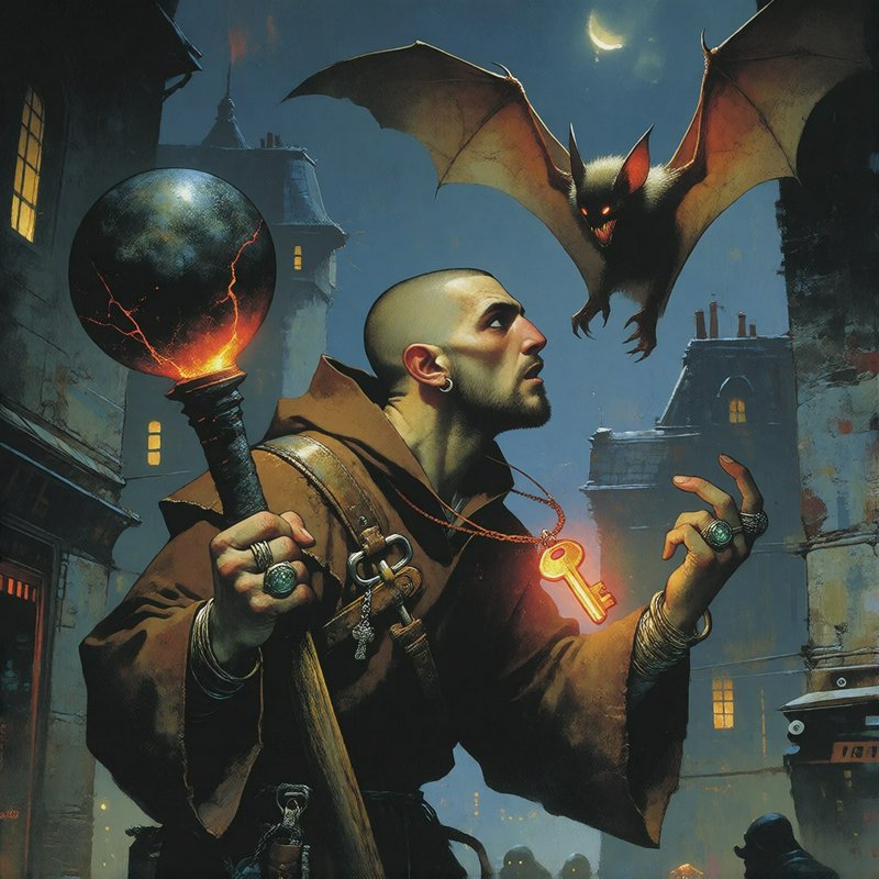 Bald fantasy mage holding a fiery orb staff looks up at a menacing giant bat over a moonlit gothi...