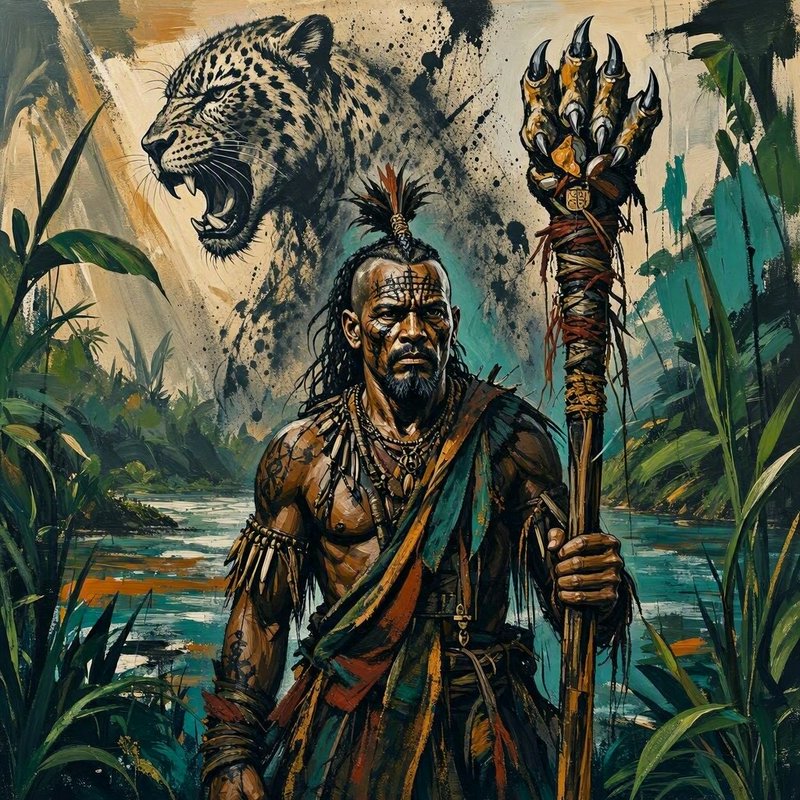 Painterly fantasy illustration of a tribal shaman warrior with a jaguar spirit guardian, holding ...