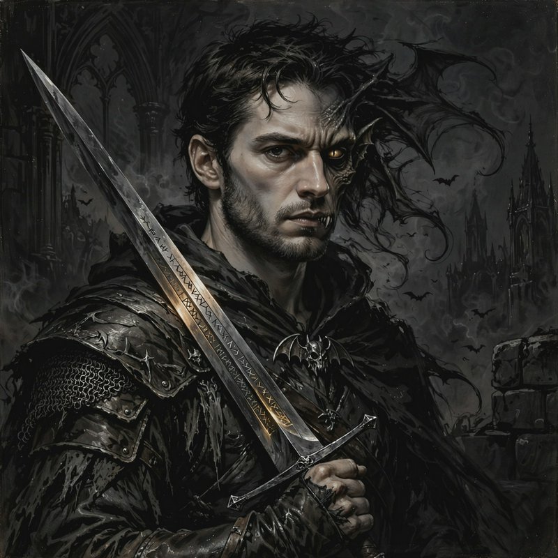Dark fantasy portrait of a cursed half-vampire knight holding a rune-etched longsword against a m...