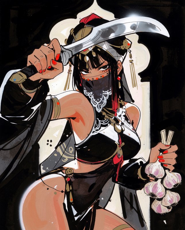 Stylized masked fantasy warrior woman holding a curved scimitar and bunch of garlic, posed before...