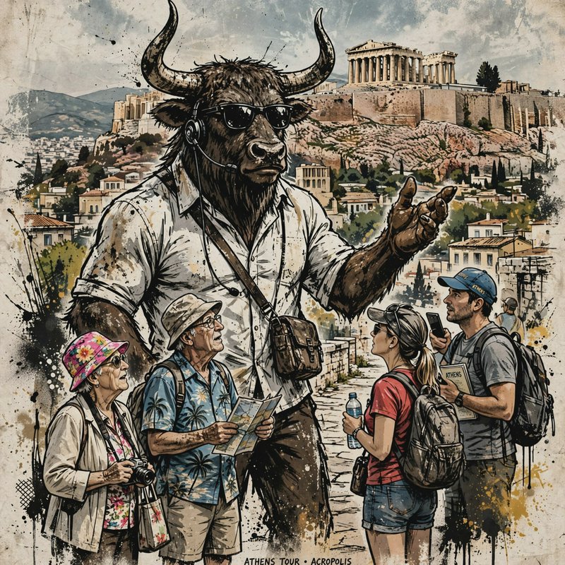 [Surreal illustration of a minotaur tour guide leading a group of tourists at the Athens Acropolis overlook]