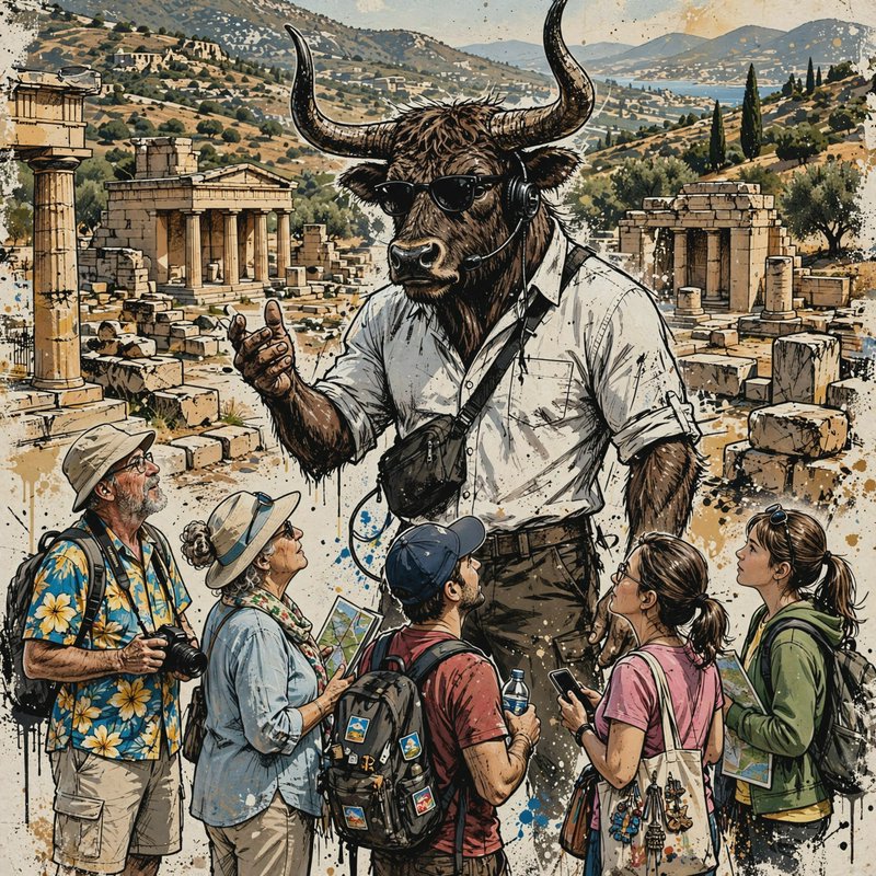Whimsical illustration of an anthropomorphic minotaur tour guide leading tourists through ancient...