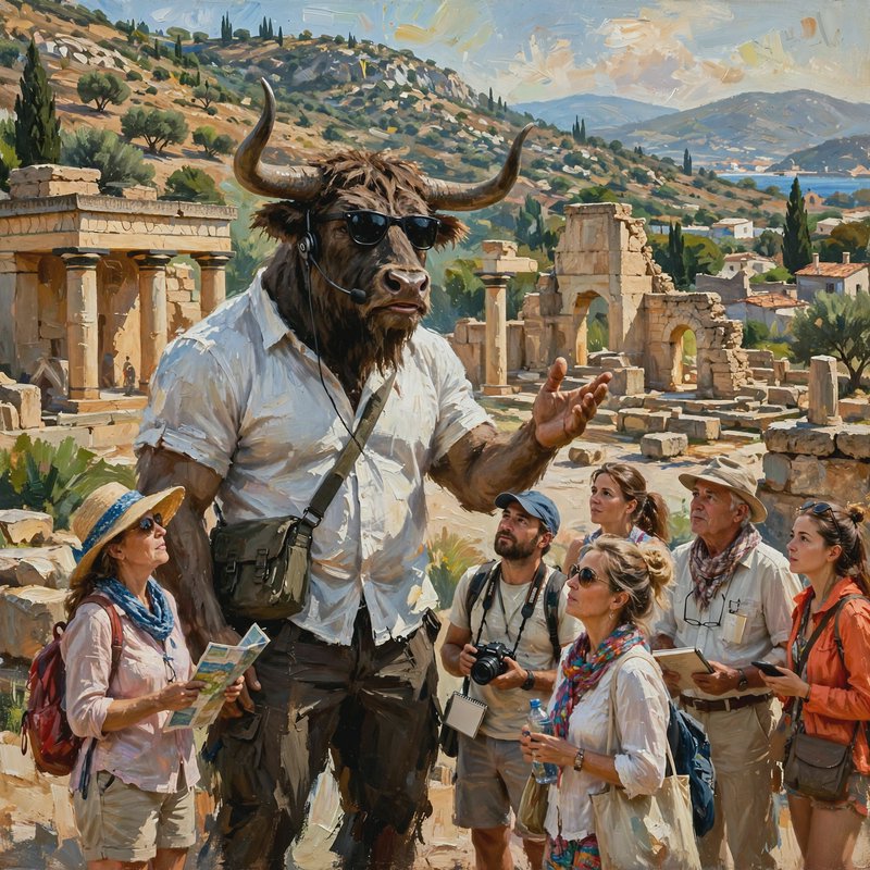 Whimsical painterly art of an anthropomorphic minotaur tour guide leading a tourist group through...