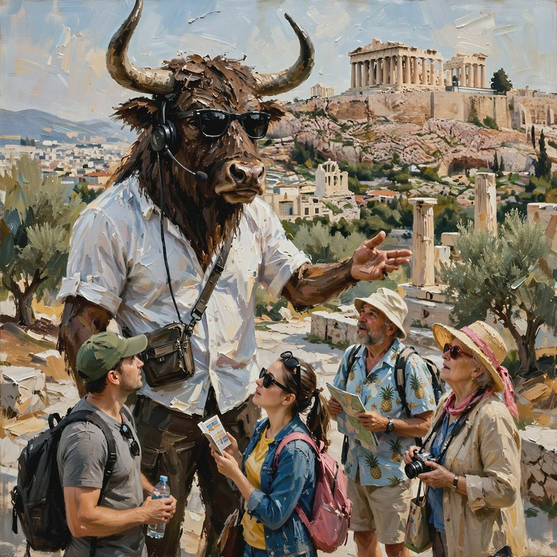 Surreal impasto painting of a sunglasses-wearing minotaur tour guide leading tourists at the Athe...