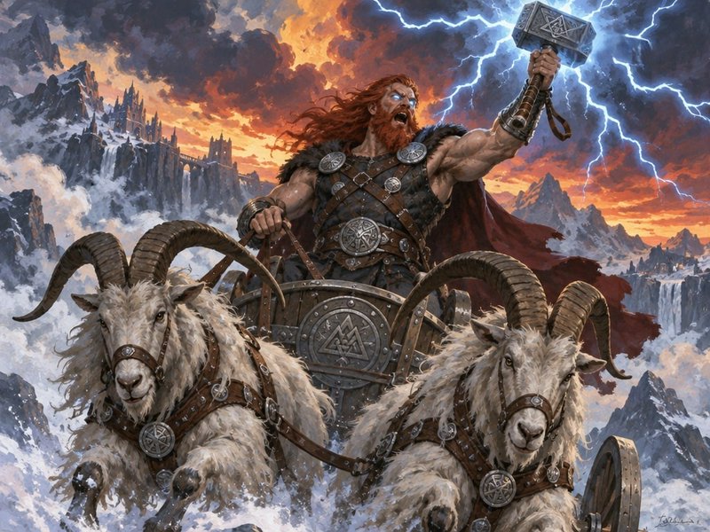 Norse god Thor raises lightning-wreathed Mjolnir while riding a goat-drawn chariot across snowy s...