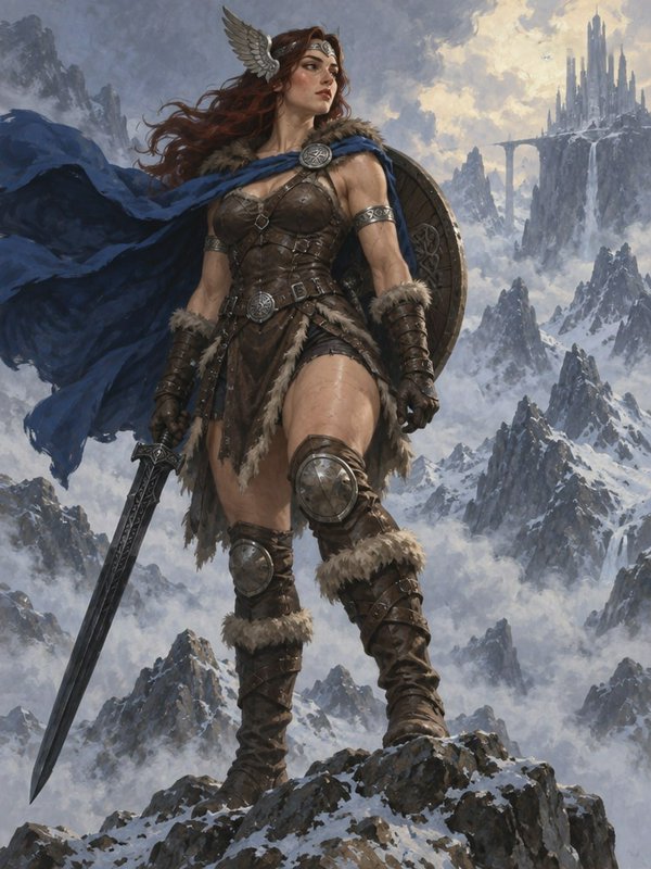 Powerful valkyrie warrior woman holding sword and shield stands on snowy mountain peak, distant f...