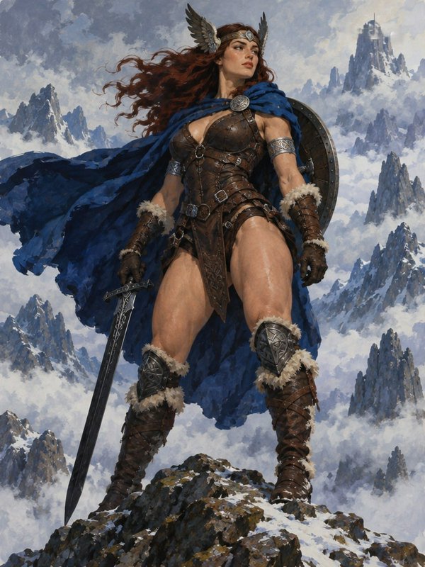 Powerful Norse valkyrie warrior stands on a snowy mountain peak, holding sword and shield, winged...
