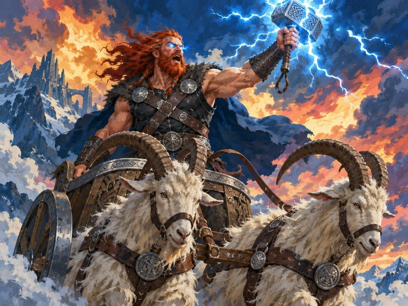 Norse god Thor raises lightning-wreathed Mjolnir while standing in his goat-drawn chariot above s...