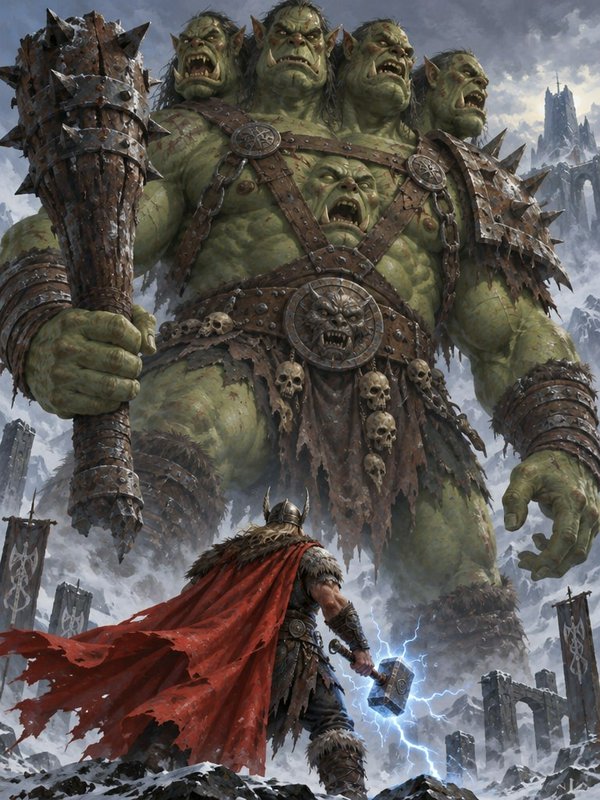 Viking warrior with lightning hammer stands against a colossal five-headed orc giant on a snowy f...