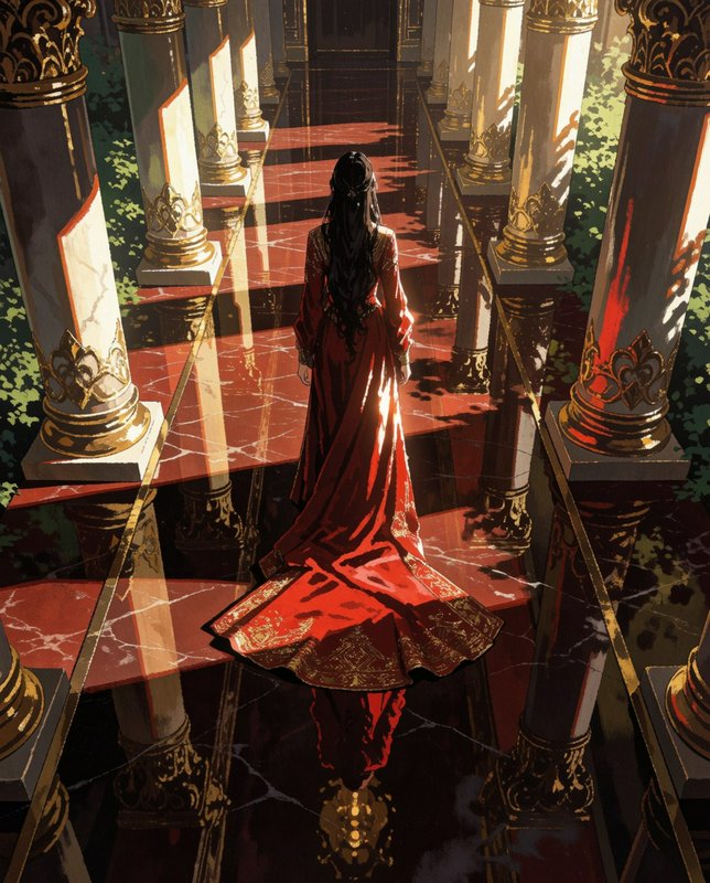 Back view of a regal woman in an ornate gold-embroidered red gown standing in a sunlit gilded col...