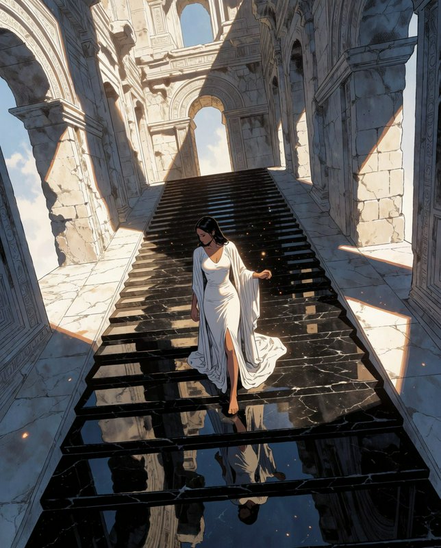 Barefoot woman in a flowing white gown walks down reflective black marble stairs in sunlit ancien...