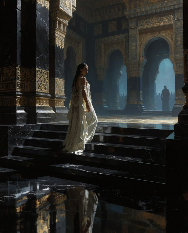 Regal woman in flowing white gown stands on black marble stairs, glancing back inside a gilded an...