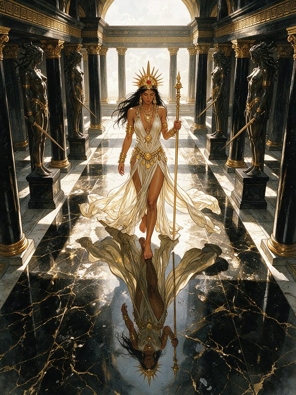 Sun-crowned mythic goddess holding a golden staff walks through a gilded marble temple, her refle...