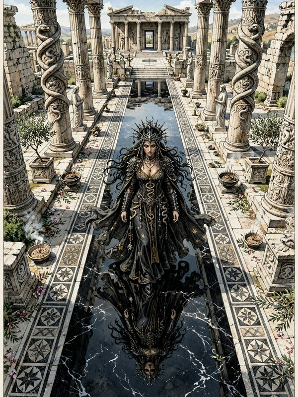 Regal dark fantasy goddess with a spiked crown stands over a reflective pool in an ornate ancient...