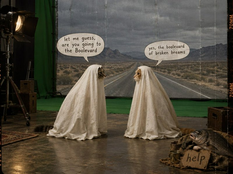 Two cats in white ghost sheets exchange a pun joke on a vintage film set with a desert highway ba...