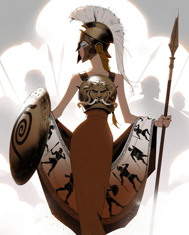Stylized illustration of goddess Athena in a plumed Greek helmet, holding a spear and shield, bac...
