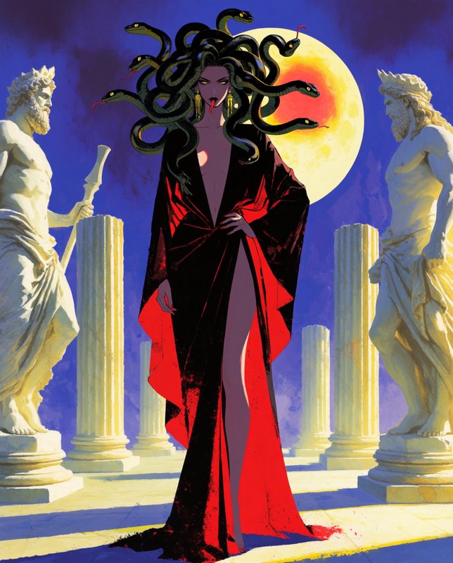 Stylized illustration of Medusa with snake hair standing between Greek god statues beneath a glow...