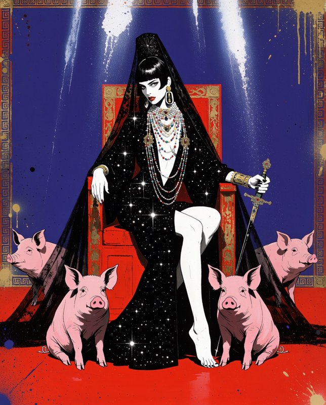 Glamorous regal woman in a sparkling black veil gown sits on an ornate red throne holding a sword...