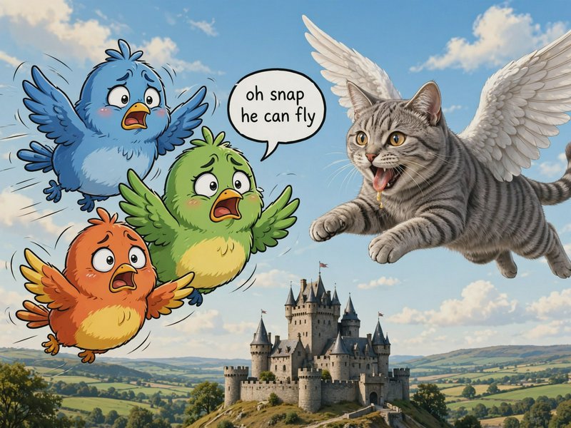 Surreal meme illustration: panicked cartoon birds flee a winged flying tabby cat, speech bubble reads "oh snap he can