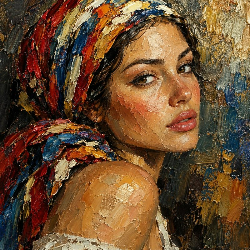 Thick impasto oil portrait of a thoughtful young woman in a vibrant multicolor striped headscarf gazing off-camera