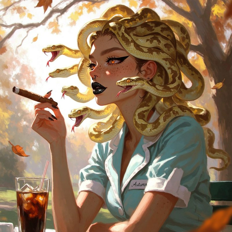 Modern Medusa waitress holding a cigar, seated beside an iced drink in a sunlit autumn park