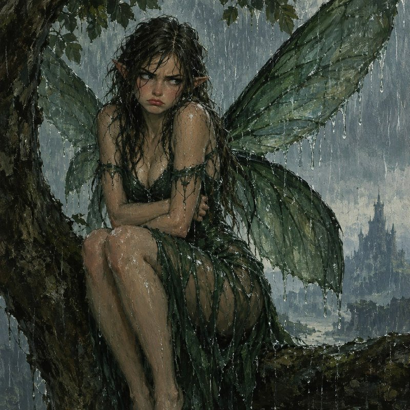Pouty soaked fairy with green translucent wings huddles on a tree branch in falling rain