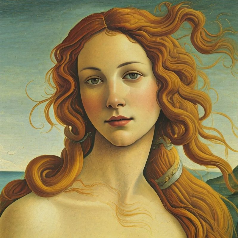 Close-up portrait of the goddess Venus with flowing wavy auburn hair against a soft coastal sky background