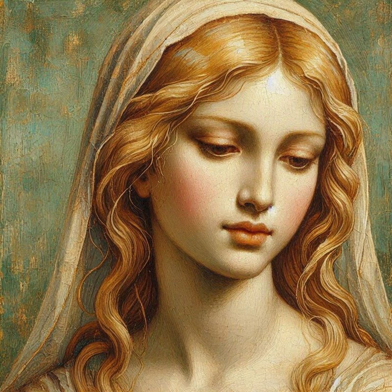 Close-up renaissance portrait of the Virgin Mary with wavy golden hair and a soft sheer veil