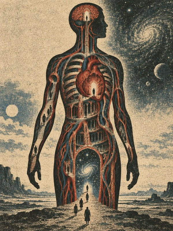 Surreal cutaway anatomical giant human with internal staircases, tiny people traveling through its cosmic landscape form