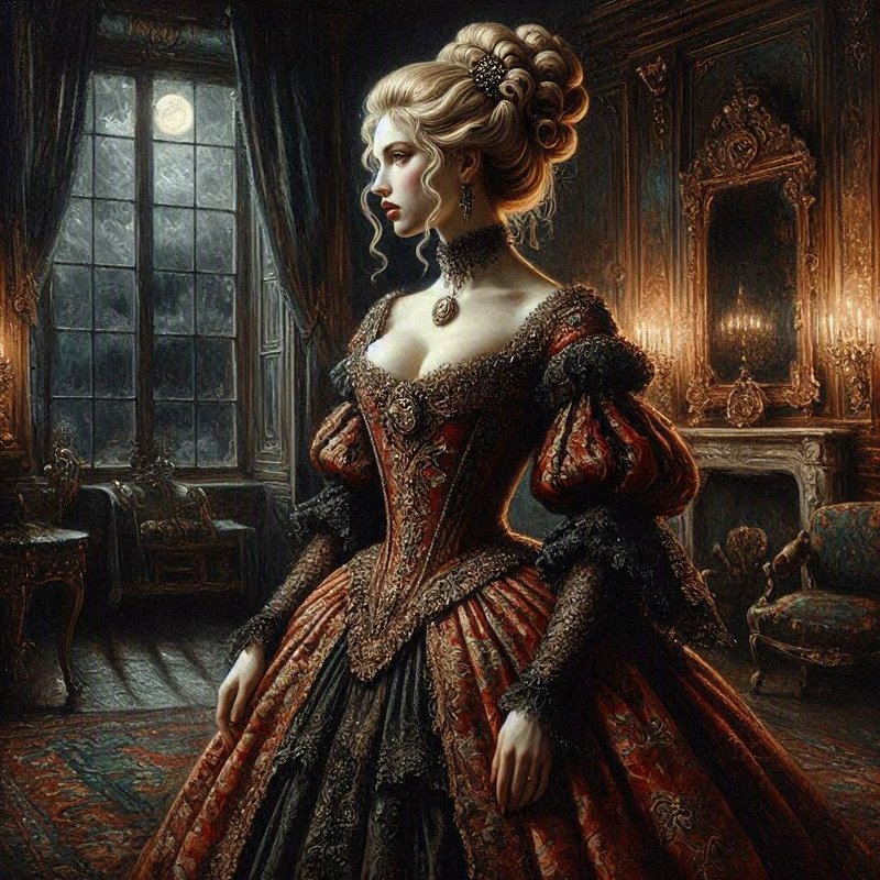 Elegant rococo noblewoman in an ornate embroidered gown stands in a moonlit aristocratic manor parlor