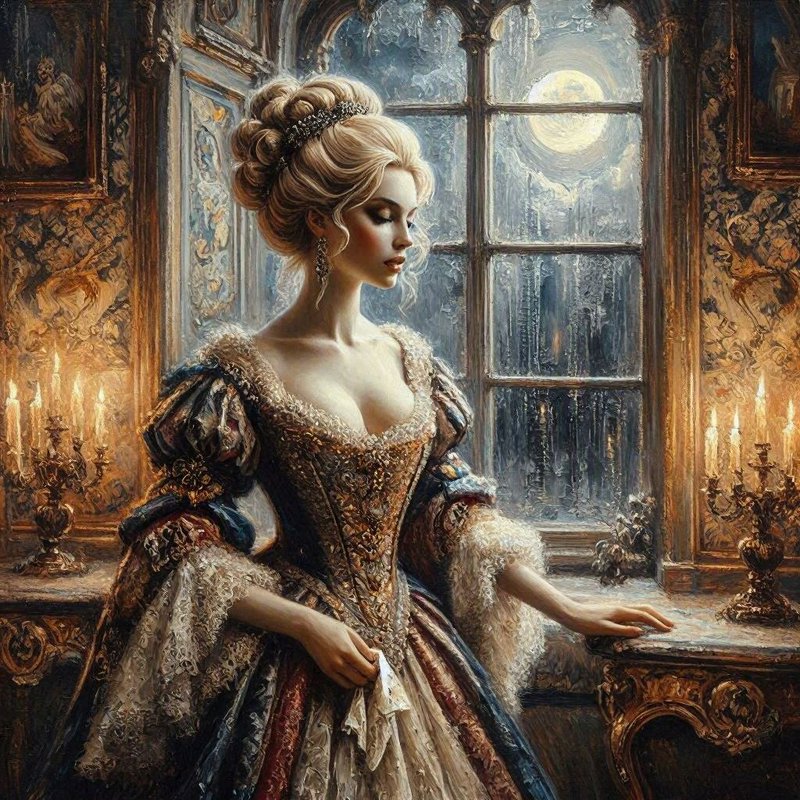Elegant rococo noblewoman in an ornate lace gown stands pensively by a frosted moonlit palace window