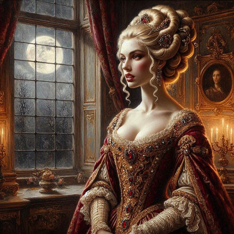 Rococo noblewoman in an ornate jeweled gown stands beside a moonlit leaded glass window