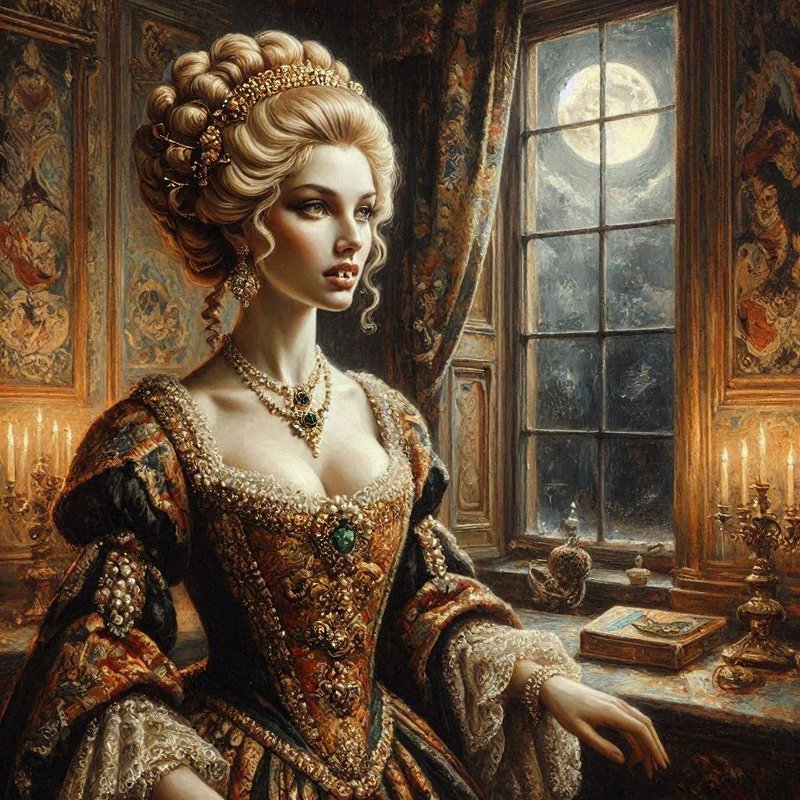Elegant rococo vampire noblewoman in a bejeweled gown sits beside a moonlit candlelit chamber window