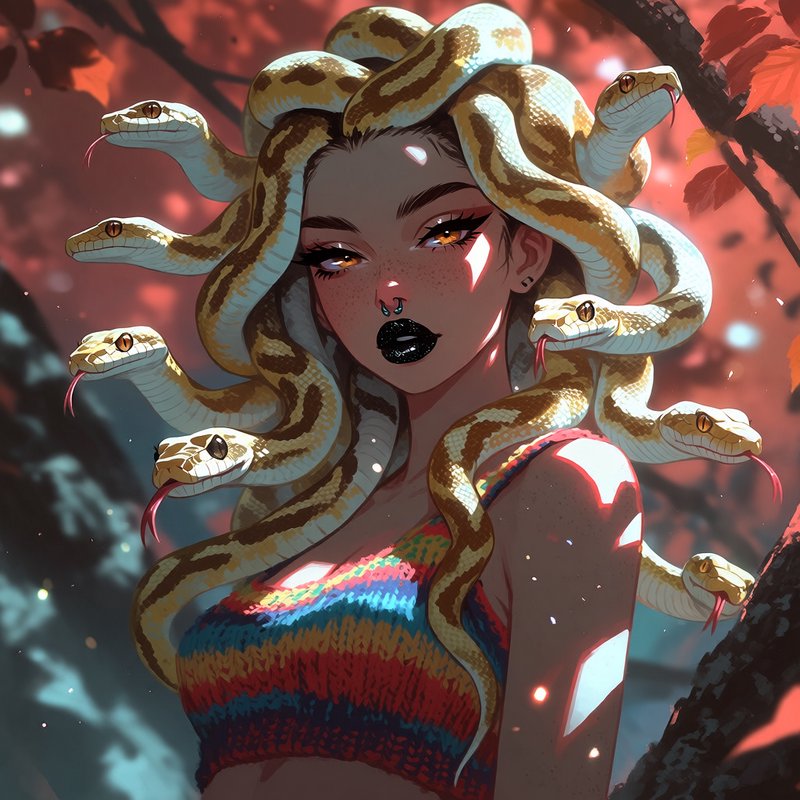 Modern stylized Medusa with golden snake hair posed in a sunlit autumn forest