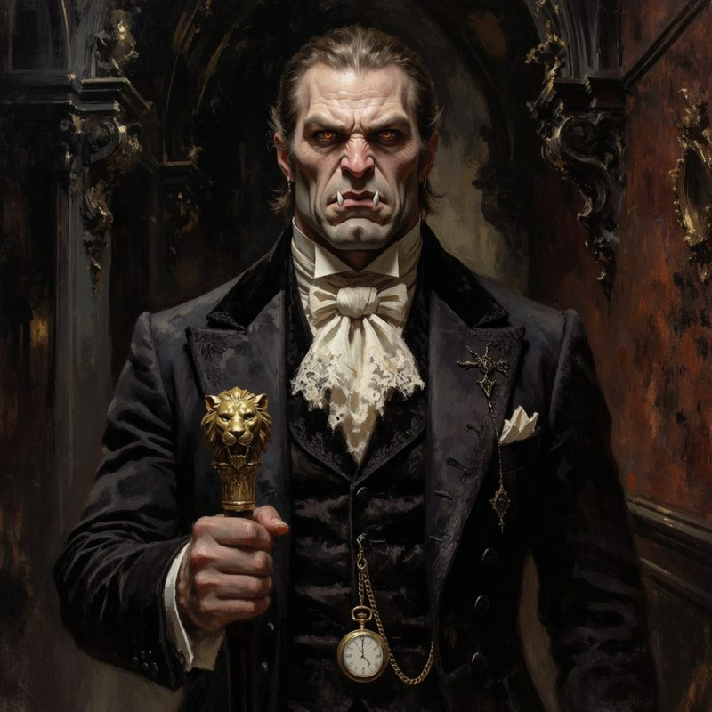Stern Victorian vampire count with fangs holds a golden lion head cane in a dark gothic hallway