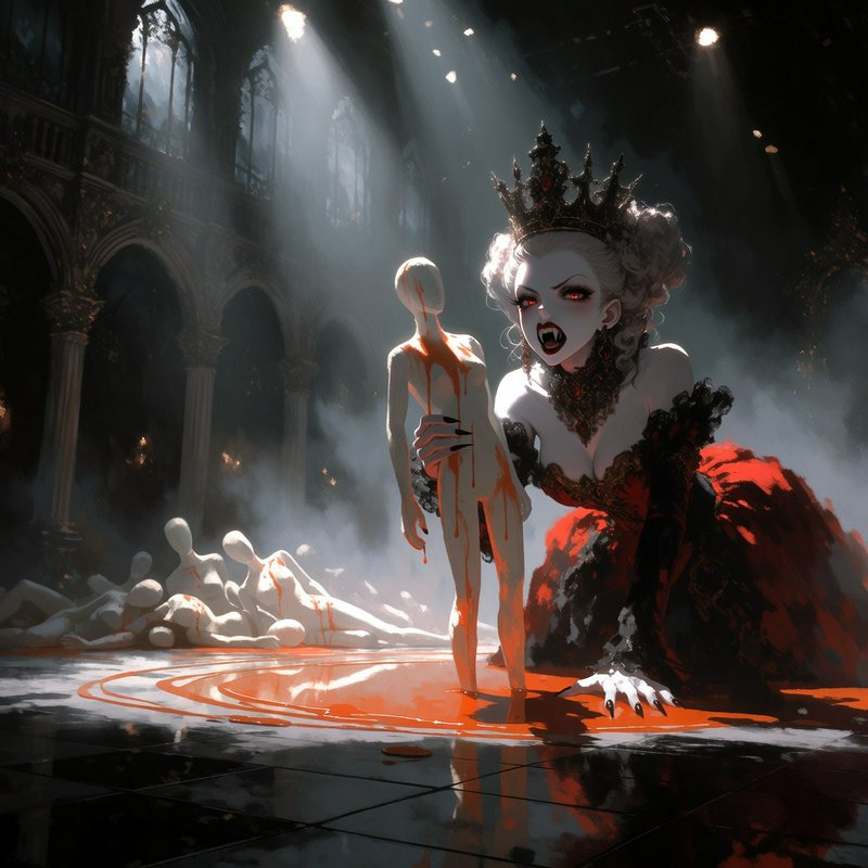 Fanged vampire queen crouches holding a blood-streaked figure in a misty gothic palace interior