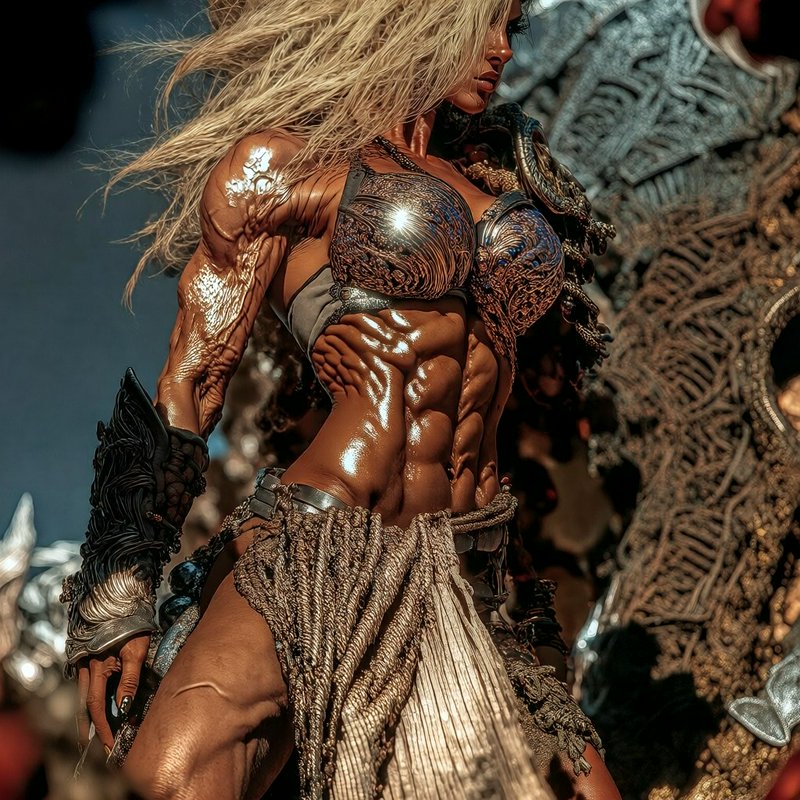 Highly muscular blonde female fantasy warrior in ornate armor glistens in bright sunlit conditions