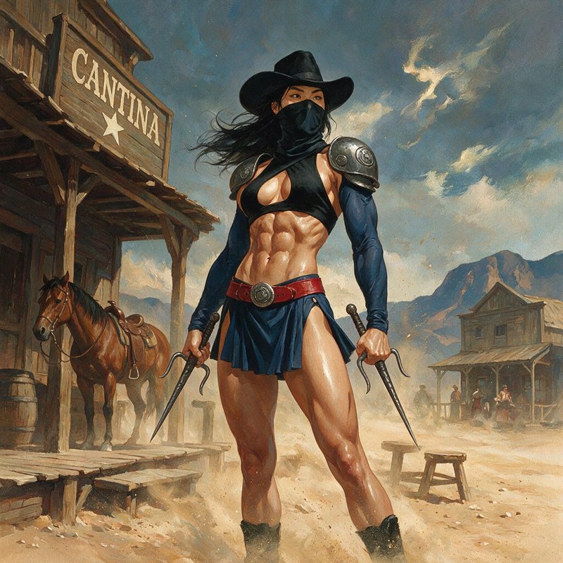 Muscular masked female outlaw holding twin blades stands outside a wild west cantina