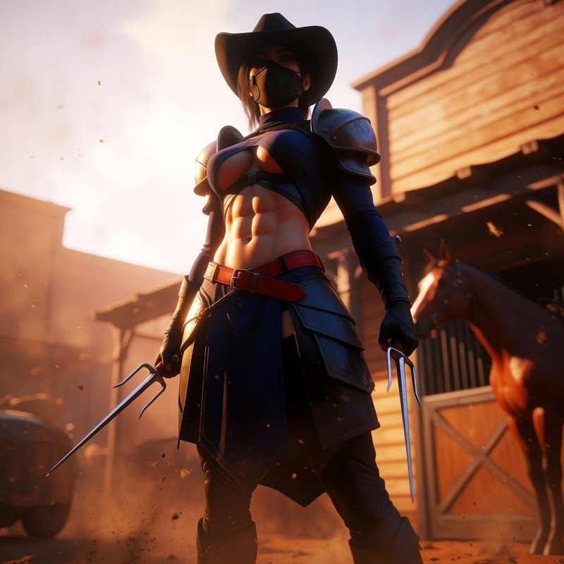 Masked female warrior in a cowboy hat holds twin sai blades in a dusty wild west town at golden hour