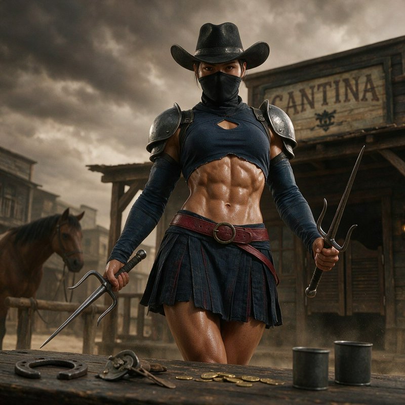 Masked muscular cowgirl wielding twin sai outside a weathered wild west cantina