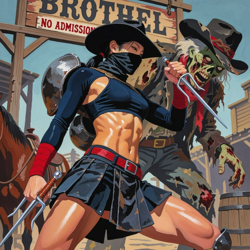 Masked female western ninja battles a decaying zombie cowboy in a dusty wild west town.