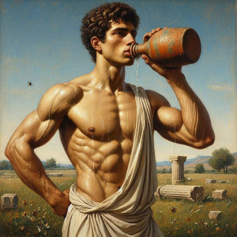 Muscular ancient Greek man drinking from a terracotta jug beside classical ruins in a sunlit meadow
