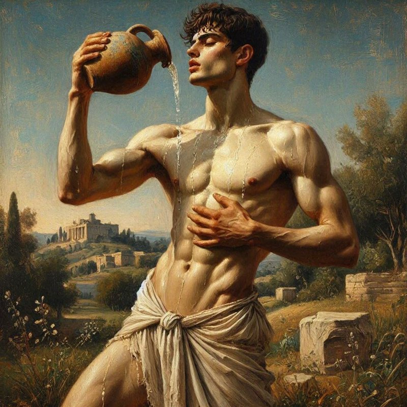 Muscular classical young man pours water from a terracotta jug over himself against an ancient Greek landscape.