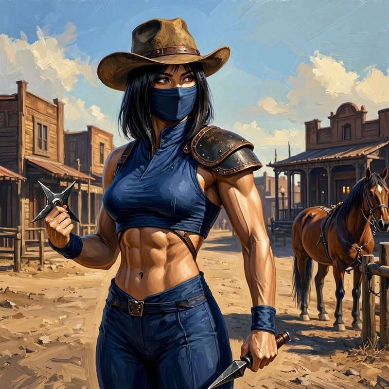 Masked muscular cowgirl ninja holding weapons stands in a dusty old wild west frontier town