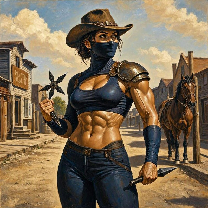 Muscular masked cowgirl ninja holds throwing weapons while standing in a sunlit old western town