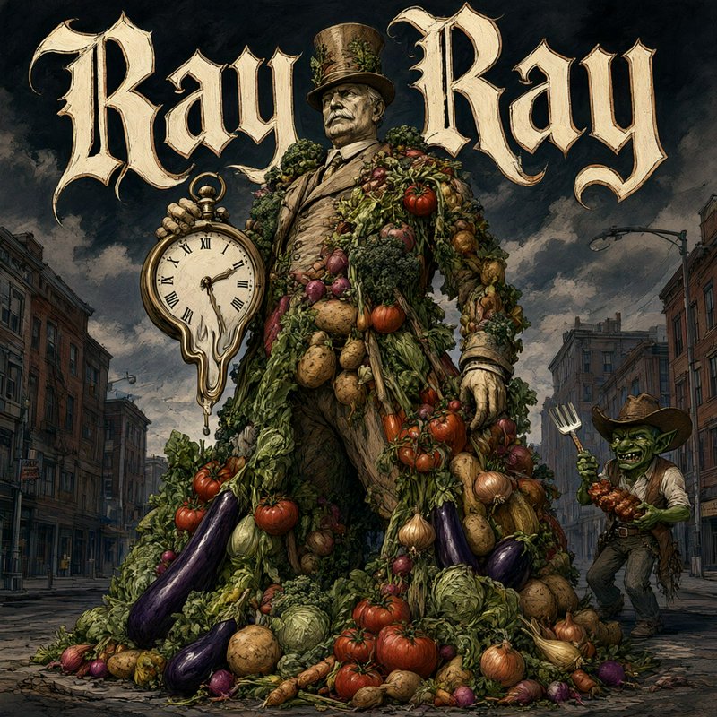 Giant vegetable construct man holds a melting pocket watch beside a goblin farmer on a city street