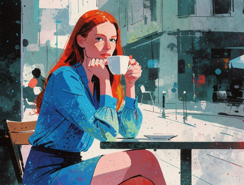 Freckled red-haired woman holding a coffee mug at an outdoor city cafe table