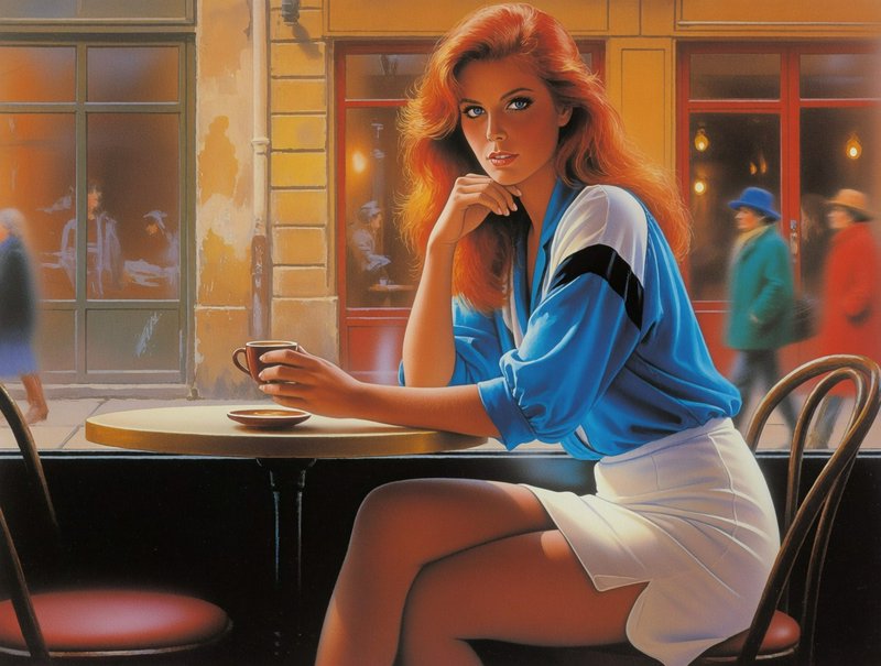 Glamorous red-haired woman holding a coffee cup seated at a sidewalk cafe table